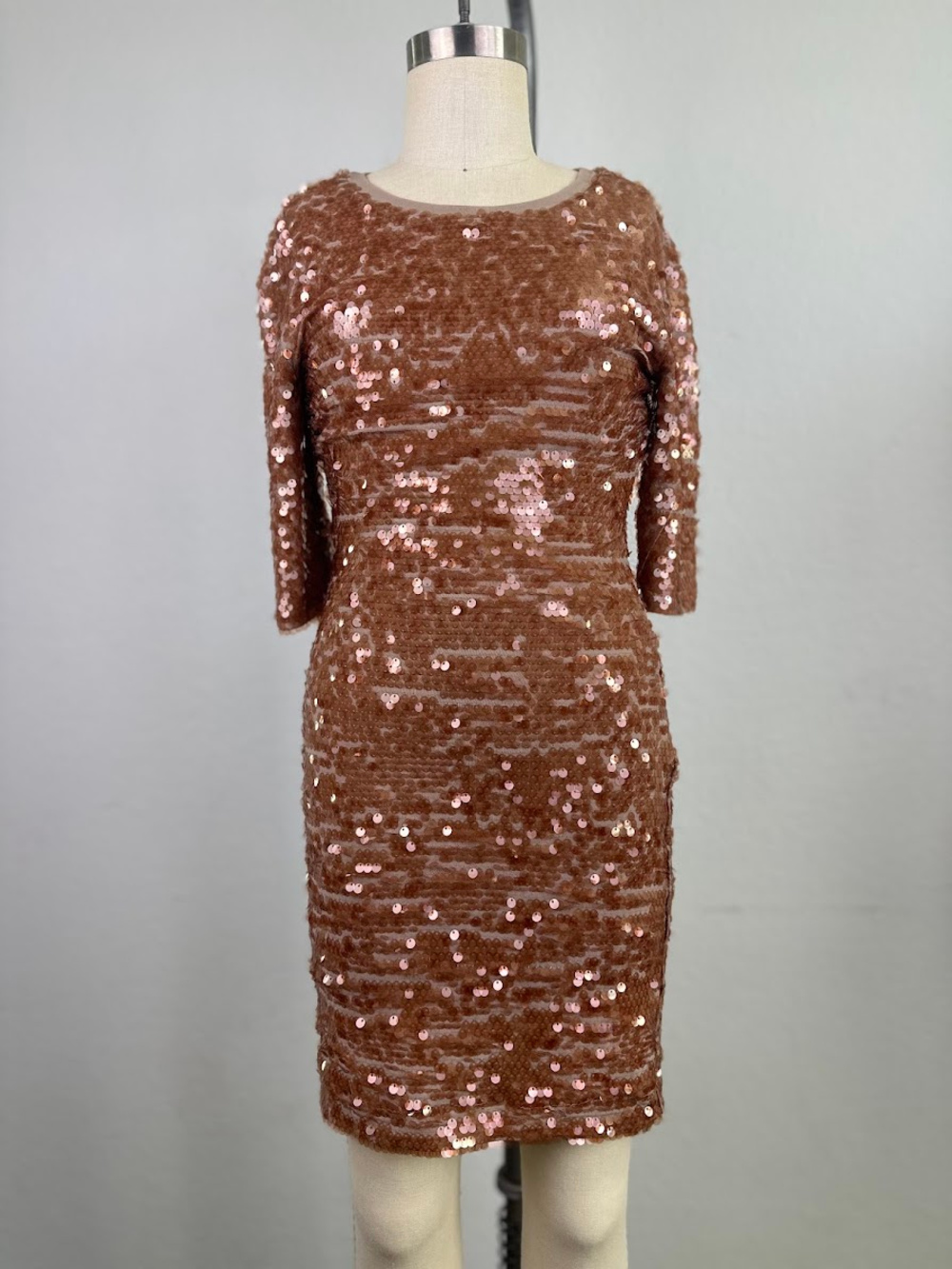 BCBGMAXAZRIA Sequin Sheath Cocktail Holiday Dress Bronze 3/4 Sleeve XXS